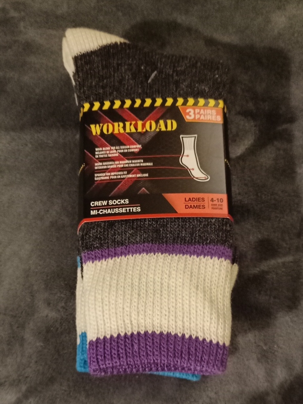 Workload Ladies Warm Crew Socks - White, Purple, Black (3 Pairs)